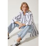 Happiness İstanbul Kadın Beyaz Siyah Çizgili Oversize Poplin Gömlek
