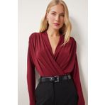 Happiness İstanbul Kadın Bordo Anvelop Yaka Vatkalı Çıtçıtlı Sandy Bluz ZH00039