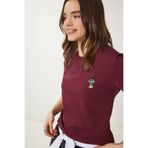 Happiness İstanbul Kadın Bordo Ayıcık İşlemeli Pamuklu Örme T-Shirt CR00455