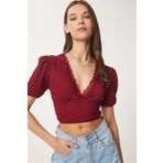 Happiness İstanbul Kadın Bordo Balon Kollu Crop Örme Bluz ZV00278