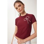 Happiness İstanbul Kadın Bordo Boncuklu Fiyonk Detaylı Örme T-Shirt ZV00290