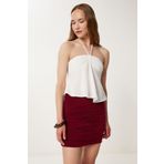 Happiness İstanbul Kadın Bordo Büzgülü Esnek Mini Örme Etek WF00131