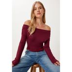 Happiness İstanbul Kadın Bordo Büzgülü Kayık Yaka Crop Bluz UB00422