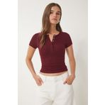 Happiness İstanbul Kadın Bordo Çıtçıtlı Basic Örme Crop Bluz FW00004