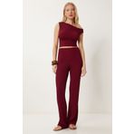 Happiness İstanbul Kadın Bordo Dokulu Yazlık Bluz Pantolon Takım FW00009