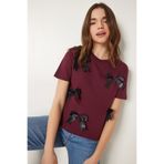Happiness İstanbul Kadın Bordo Fiyonklu Pamuklu Örme T-Shirt CR00453