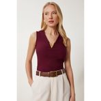 Happiness İstanbul Kadın Bordo Gold Aksesuarlı Fitilli Örme Bluz ZV00308