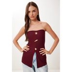 Happiness İstanbul Kadın Bordo Gold Aksesuarlı Straplez Fitilli Örme Bluz ZV00331
