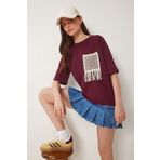 Happiness İstanbul Kadın Bordo Oversize Nakış Cepli Örme T-Shirt ZV00277
