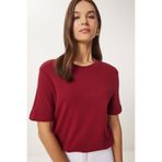 Happiness İstanbul Kadın Bordo Pamuklu Basic Örme T-Shirt AG00001