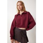 Happiness İstanbul Kadın Bordo Polo Yaka Şardonlu Crop Örme Sweatshirt HW00014