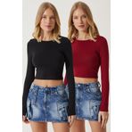 Happiness İstanbul Kadın Bordo Siyah Bisiklet Yaka Basic 2'Li Paket Crop Örme Bluz OW00035