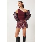 Happiness İstanbul Kadın Bordo Tek Omuz Saran Triko Bluz FN03208