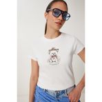 Happiness İstanbul Kadın Ekru Ayıcık Baskılı Pamuklu Örme T-Shirt UB00404