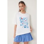 Happiness İstanbul Kadın Ekru Baskılı Oversize Örme T-Shirt ZV00292