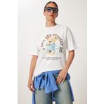 Happiness İstanbul Kadın Ekru Baskılı Oversize Pamuklu Örme T-Shirt CR00508
