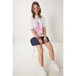 Happiness İstanbul Kadın Ekru Baskılı Pamuklu Oversize Örme T-Shirt CR00446