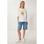 Happiness İstanbul Kadın Ekru Baskılı Pamuklu Oversize Örme T-Shirt YY00238