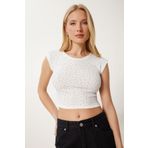 Happiness İstanbul Kadın Ekru Taş Detaylı Crop Fitilli Örme Bluz MX00194