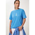 Happiness İstanbul Kadın Gök Mavi Baskılı Oversize Örme T-Shirt AN00245