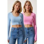 Happiness İstanbul Kadın Gök Mavi Pembe U Yaka Fitilli 2'Li Paket Crop Triko Bluz PF00069