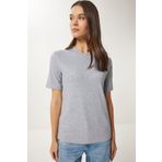 Happiness İstanbul Kadın Gri Melanj Pamuklu Basic Örme T-Shirt AG00001