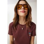 Happiness İstanbul Kadın Kahverengi Ayıcık İşlemeli Pamuklu Örme T-Shirt CR00455