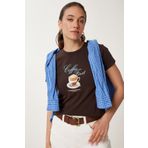 Happiness İstanbul Kadın Kahverengi Baskılı Örme T-Shirt UB00388