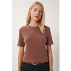 Happiness İstanbul Kadın Kahverengi Pamuklu Basic Örme T-Shirt AG00001