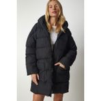 Happiness İstanbul Kadın Kapüşonlu Oversize Şişme Kaban %100 Polyester Düz Siyah - 40