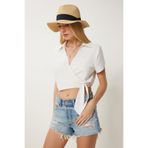 Happiness İstanbul Kadın Kemik Anvelop Yaka Crop Dokuma Bluz Lİ00122