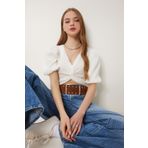 Happiness İstanbul Kadın Kemik Balon Kollu Crop Dokuma Bluz RG00052