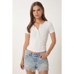 Happiness İstanbul Kadın Kemik Çıtçıtlı Basic Örme Crop Bluz FW00004