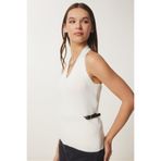 Happiness İstanbul Kadın Kemik Halter Yaka Kemerli Triko Bluz US00956