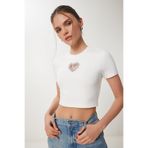 Happiness İstanbul Kadın Kemik Şık Taşlı Kalp Detaylı Crop Örme Bluz KH00101