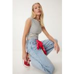 Happiness İstanbul Kadın Kemik Siyah Çizgili Fitilli Örme Crop Bluz UB00342