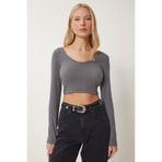 Happiness İstanbul Kadın Koyu Gri V Yaka Crop Bluz UB00171