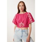 Happiness İstanbul Kadın Koyu Pembe Balon Kollu İşlemeli Crop Poplin Bluz TP00082