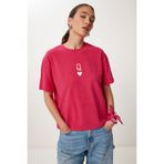 Happiness İstanbul Kadın Koyu Pembe Baskılı Oversize Örme T-Shirt AN00245