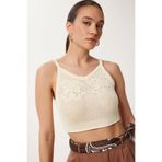 Happiness İstanbul Kadın Krem Askılı Ajurlu Yazlık Crop Triko Bluz NS00429