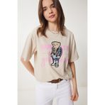 Happiness İstanbul Kadın Krem Ayıcık Armalı Pamuklu Oversize Örme T-Shirt CR00461