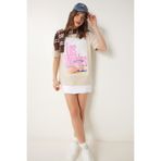 Happiness İstanbul Kadın Krem Baskılı Pamuklu Oversize Örme T-Shirt CR00446