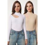 Happiness İstanbul Kadın Krem Beyaz 2'Li Paket Cut Out Detaylı Fitilli Örme Bluz GT00235