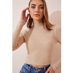 Happiness İstanbul Kadın Krem Fitilli Balıkçı Yaka Crop Örme Bluz