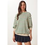 Happiness İstanbul Kadın Krem Yeşil Çizgili Oversize Örme Sweatshirt ZV00339