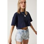 Happiness İstanbul Kadın Lacivert %100 Pamuk Oversize Crop Örme T-Shirt BP00164