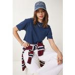 Happiness İstanbul Kadın Lacivert Pamuklu Crop Örme T-Shirt CR00443