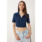 Happiness İstanbul Kadın Lacivert Polo Yaka Crop Ayrobin Bluz WF00136