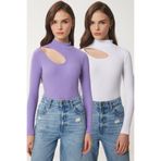 Happiness İstanbul Kadın Lila Beyaz 2'Li Paket Cut Out Detaylı Fitilli Örme Bluz GT00235
