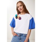 Happiness İstanbul Kadın Mavi Beyaz Çiçek Detaylı Crop Örme T-Shirt TP00085